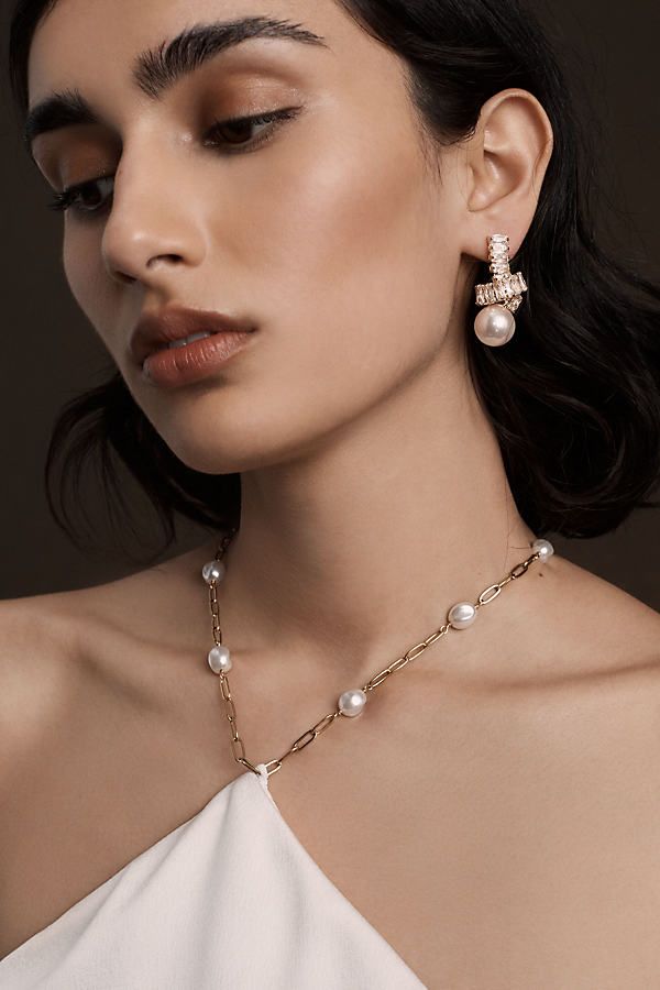 * 14k gold-plated brass with faux pearls and cubic zirconia * Post closure* Imported Silver Pearl Drop Earrings, Keshi Pearl Earrings, Twist Earrings, Pearl Cuff Bracelet, Crystal Cuff Bracelet, Crystal Teardrop Earrings, Freshwater Pearl Drop Earrings, Pearl Earrings Wedding, Back Necklace