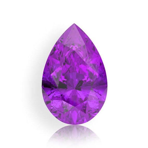 an amethyst purple tear shaped gemstone on a white background with reflective reflection