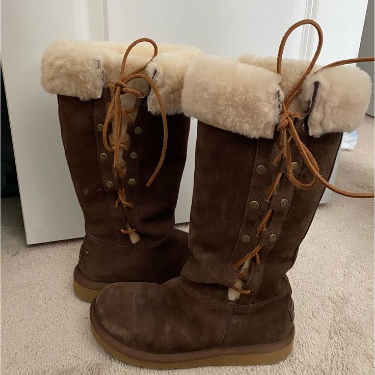 -Uggs Tall Chocolate Brown Lace Up Winter Boots -Worn Once -Excellent Condition -Size 5 Women’s -Upper: Leather -Lining: Genuine Sheep Skin -Sole: Rubber Sheep Skin Boots, Lace Up Winter Boots, Shoes Uggs, Tall Uggs, Sheep Skin, Women Boots, Womens Uggs, Ugg Shoes, Winter Rain