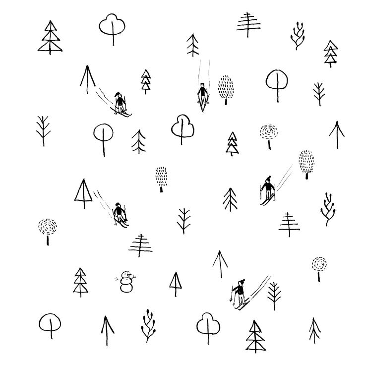 an image of trees and skiers in the woods on a white background with black ink