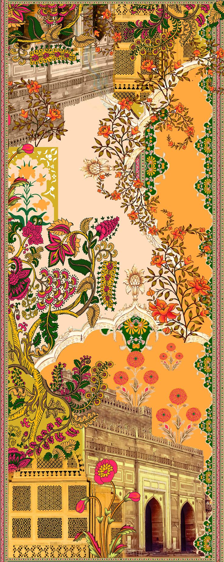 an intricately designed wallpaper with flowers and birds on the border is shown in this image