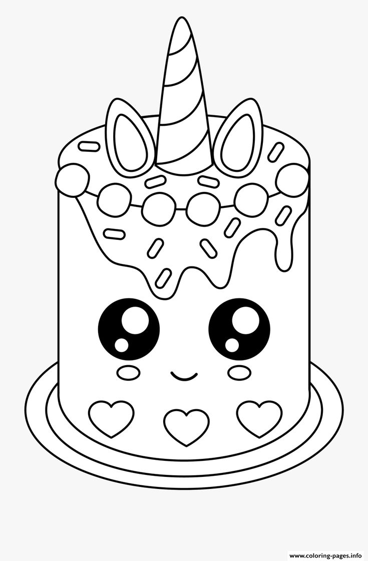 a birthday cake with an unicorn horn on top and hearts around the edges, outlined in black and white