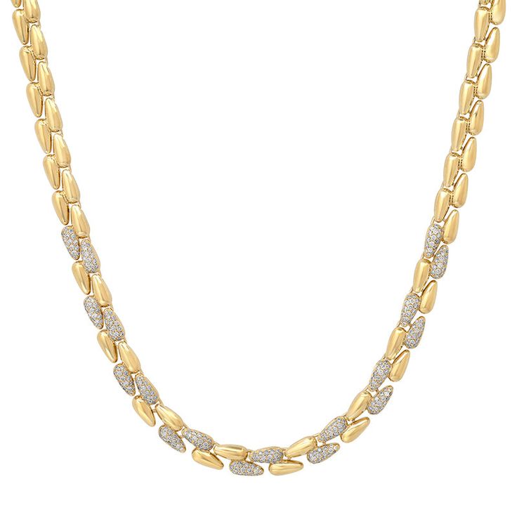 Our Small Double Dome Tennis Necklace with Diamond Pave Accents is handcrafted in 18-karat gold and features a classic, elegant design. Taking design inspiration from our Double Dome ring, this necklace is further elevated with the addition of 1.44 carats of white pave diamonds set on alternating links. A layer and leave on necklace we can't get enough of, this piece instantly upgrades your everyday style. Necklace measures 15 inches in length Carat weight: 1.44 ct Diamond color is G-H Diamond c Luxury Chain Diamond Necklace For Anniversary, Timeless Formal Chain Necklace With Diamond Accents, Formal Diamond Necklace With Chain, Formal Fine Jewelry Chain Necklace With Diamond Accents, Luxury Yellow Gold Chain Necklace With Brilliant Cut, Formal Brilliant Cut Chain Necklace, Formal Brilliant Cut Fine Jewelry Chain Necklace, Formal Gold Diamond Necklace With Pave Setting, Formal Yellow Gold Diamond Necklace With Chain