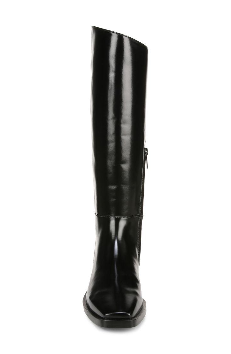 A hidden side zip adds a utilitarian touch to this square-toed riding boot wrapped in sleek faux leather for edgy shine. 1" heel (size 8.5) 14 3/4" shaft; 14 1/4" calf circumference Side zip closure Synthetic upper and lining/rubber sole Imported Sleek Tall Boots For Workwear, Sleek Tall Boots For Work, Fall Patent Leather Heeled Boots With Zipper Closure, Black Knee-high Boots With Zipper For Work, Sleek Patent Leather Heeled Boots For Work, Sleek Business Boots With Wide Calf, Sleek Wide Calf Boots For Business, Sleek Black Boots With Zipper Closure, Sleek Wide Calf Business Boots