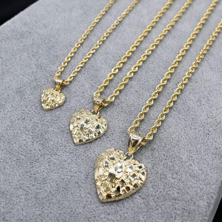 10K Real Gold Diamond Cut Nugget Heart Pendant Necklace | 10K Gold Heart Necklace | Yellow Gold | Small Medium Large with 2.5mm 3mm and 3.5mm Rope Chain All Sizes Enhance your style with the timeless elegance of our Real Solid Gold 10K Square Nugget Necklace- Men's. Handcrafted from authentic 10K gold, this Necklace features a bold square nugget design, exuding sophistication and masculine charm. They are 100% Authentic 10K Solid Gold "Not Plated or Filled"  -Material: 10K Gold -Finished: Polish Luxury Gold Nugget Necklaces, Luxury Yellow Gold Heart-shaped Diamond Necklace, Nugget Jewelry, Gold Nugget Jewelry, Custom Gold Jewelry, Nugget Necklace, Gold Nugget, Dope Jewelry, Gold Heart Necklace