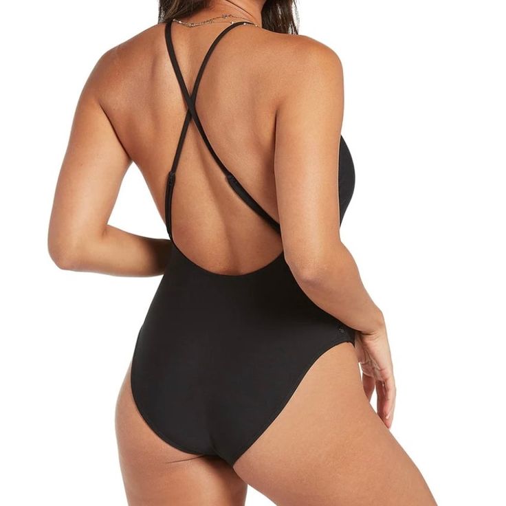 VOLCOM Simply Seamless One Piece Women's Swimsuit -New with Tag -Brand: VOLCOM -Color: Black -Size: L -Material: 74%Recycled Polyester/26%Elastane -Limited Bottom Coverage -Adjustable Crisscross Straps -V-Neck with Twist Detail -Keyhole Cutout at Front -No Bra Cups -Volcom Logo Metal Rivet at Wearer's Back Hip -Pull-On Style -Made in China Black Beachwear Bodysuit With Solid Back, Black One-piece Bodysuit With Solid Back, Black Stretch Swimwear With Solid Back, Black Bodysuit For Swimming With Solid Back, Seamless Black Swimming Bodysuit, Black Seamless Bodysuit For Swimming, Seamless Black Bodysuit For Swimming, Black Seamless Swimwear For Swimming, Black Bodysuit For Beach With Moderate Back Coverage