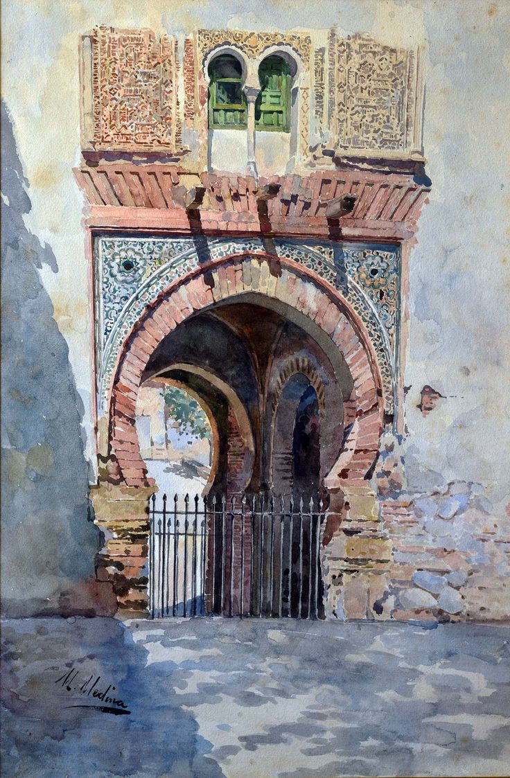 a painting of an old building with a gate