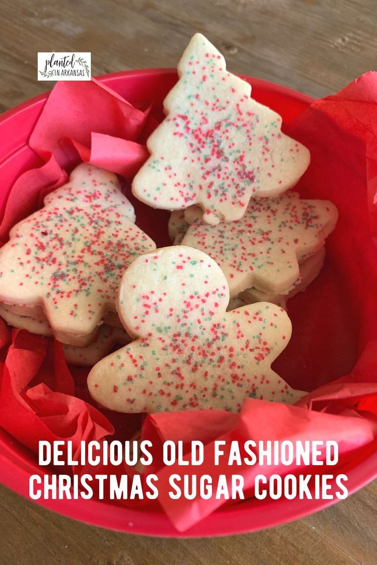 delicious old fashioned christmas sugar cookies with sprinkles in a red paper bowl