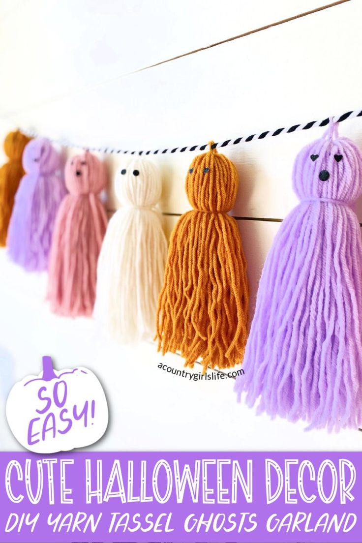 the diy yarn tassel ghost garland is easy to make