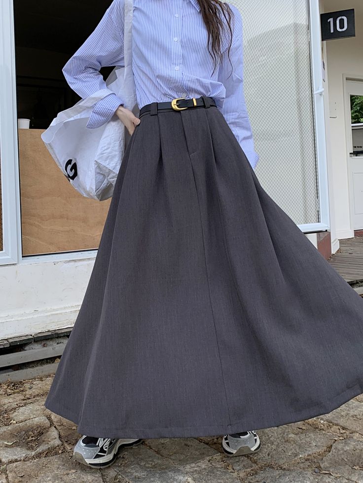 Women With Belt Fashion High Waist Pleated A-line Grey Suit Skirt Female Chic Gray High Waist Skirt For Work, Relaxed A-line Office Skirt, Flared Skirt For Workwear In Solid Color, A-line Office Skirt With Lining, Office Full Skirt In Solid Color, Solid Color Full Skirt For Office, Office A-line Lined Skirt, Office A-line Flowy Skirt, Office Full Skirt