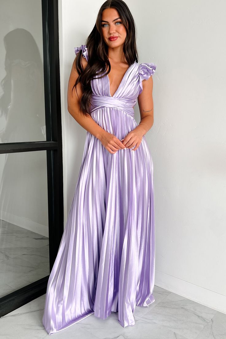 SELF: 97% POLYESTER, 3% SPANDEX. LINING: 100% POLYESTER Model Wearing Size Small Color: Lavender Pleated Fabric Deep V-Neckline Tiered Ruffled Sleeve Detail Lace-Up Back Elastic Back Waistband - With Zipper Closure Maxi Length Dress Has Stretch 54" Armpit To Hemline For Model Size Specs Please Check Size Charts Launched: 8/1/24 Lavender V-neck Dress For Formal Occasions, Elegant Lavender Maxi Dress With Ruffles, Elegant Mauve V-neck Maxi Dress, Lavender Maxi Dress For Summer Evening, Purple Spring Maxi Dress For Gala, Purple Spring Gala Maxi Dress, Purple Maxi Dress For Spring Gala, Lavender V-neck Maxi Dress For Spring, Lavender Ruffled Formal Dress