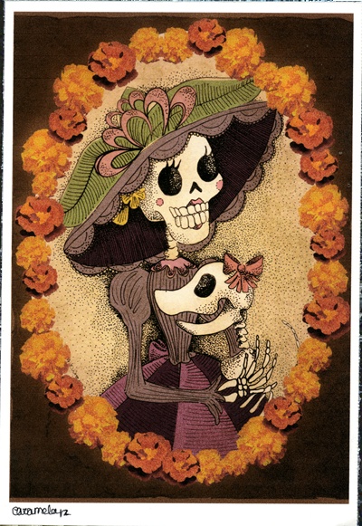 an image of a woman with a skull on her head and flowers around her neck