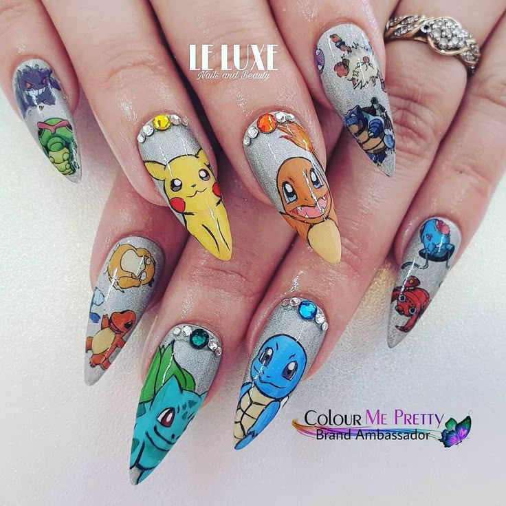 Pokemon handpainted nail art acrylic pikachu charmander Acrylic Nail Designs Character, Charmander Nail Art, Cute Pokemon Nails, Pokemon Nail Art Designs, Charizard Nails, Pokemon Nails Art, Charmander Nails, Pokemon Nails Acrylic, Cartoon Nails Art