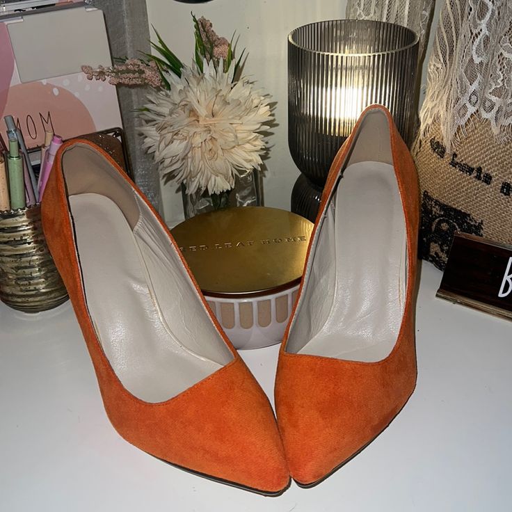 Bnwob Orange Faux Suede Pointed Toe 4” Heels The Soles Have Tiniest Amount Of Wear Due To Trying On. Soft & Comfortable Fall Into Fall With Me! Formal Orange Heels With Sculpted Heel, Elegant Orange Block Heel, Elegant Orange Block Heels, Orange Padded High Heels, Elegant Orange Block Heel Heels, Elegant Orange Block Heel Shoes, Orange High Heels With Padded Heel, Formal Orange Heels With Reinforced Heel, Formal Fitted Orange Heels