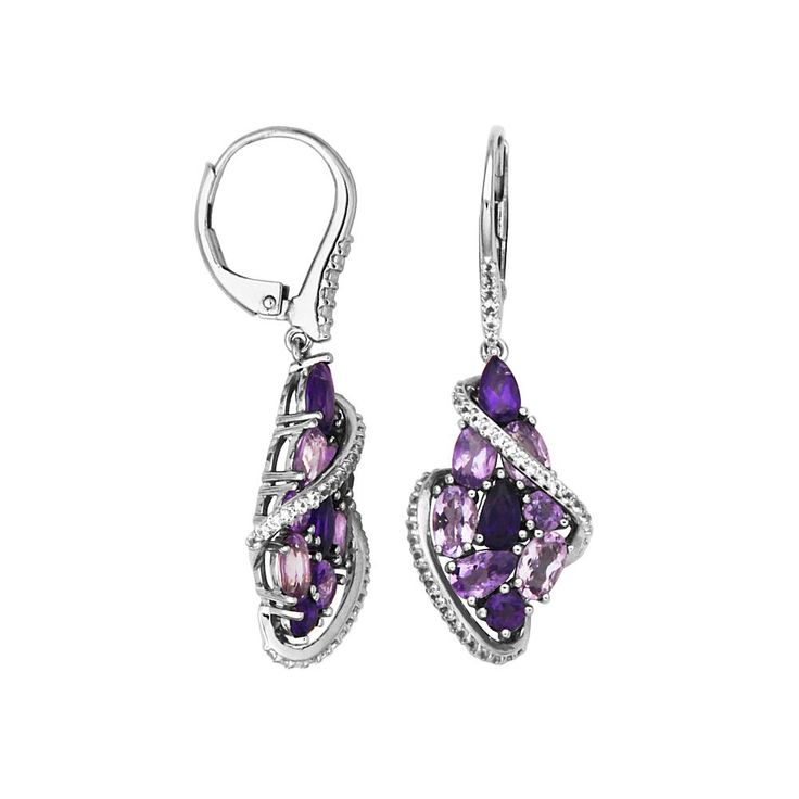 Sterling Silver Amethyst & Created White Sapphire Cluster Earrings  These delightful drop earrings feature clusters of purple amethyst set off with the diamond-like sparkle of created white sapphire accents. Slip them on to easily elevate the look of any outfit!       Approx. 8.27mm x 13.3mm     Stamped .925; rhodium plating     Pierced with leverbacks   Stone Information       All sizes and weights approximate     Amethyst - Round, pear, oval; 1.69ctw     Created White Sapphire - Round, oval; 1.6ctw Amethyst Multi-stone Drop Earrings, Fine Jewelry Amethyst Earrings With Gemstone Accents, Purple Gemstone Accented Drop Earrings, Purple Drop Earrings With Gemstone Accents, Purple Multi-stone Dangle Jewelry, Purple Multi-stone Teardrop Earrings, Purple Multi-stone Dangle Earrings, Purple Sparkling Stone Drop Earrings, Purple Multi-stone Earrings For Anniversary