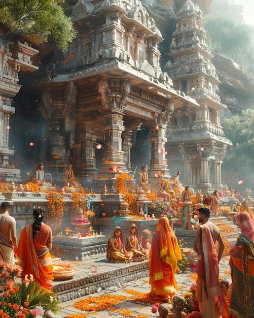 many people in orange and yellow outfits standing around an elaborately decorated temple with flowers on the ground