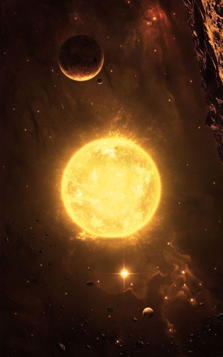 an artist's rendering of the sun and planets in outer space, with stars around it