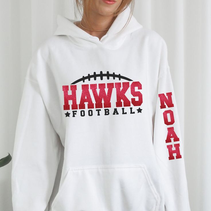 Customize this Football spirit wear sweatshirts or hoodie with your mascot's name, team colors, then on the sleeve is the player's first name, and then finally on the back is the last name and player number. This design is a great gift for football girlfriends, football moms, dads and the whole family. To add a name (and or number) to the back of a shirt, add lounge pants, expedite processing, add overnight shipping, and any other miscellaneous items- please follow this link: https://www.etsy.com/shop/KASPDesign?ref=seller-platform-mcnav§ion_id=27547745 Listing is for one garment. To order... 1. Select the style and size you would like, then the color for the garment. 2. Fill out the personalization section. 3. Then add to cart. To order more than one item of the same style, size, and colo Football Moms, Football Girlfriend, Football Spirit, Player One, Miscellaneous Items, Spirit Wear, Football Mom, Lounge Pants, Team Colors