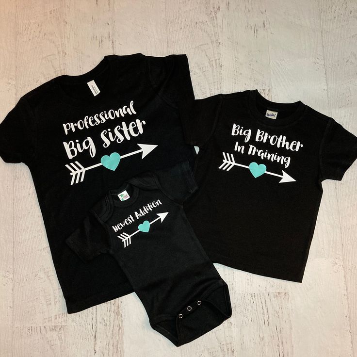 "Personalized sibling shirts!  Choose from many different shirt & font colors, choose the wording you would like and as many as needed for your perfect one of a kind personalized set!  Shown in black shirts with aqua mint accents (names can be added under the arrow to match the heart) This set shown says Professional big sister, big brother in training, newest addition.  💜Add one shirt at a time to your cart and purchase all together to make your perfect set! 💜These are adorable to welcome a n Big Brother And Sister Shirts, Big Brother Tshirts Boys, Black Cotton Tops For Family Events, Black T-shirt With Custom Print For Family Events, Father's Day Personalized Matching T-shirt, Family Matching Personalized Blue T-shirt, Fitted Family Matching T-shirt With Name Print, Matching Family Personalized T-shirts, Family Matching Fitted T-shirt With Name Print