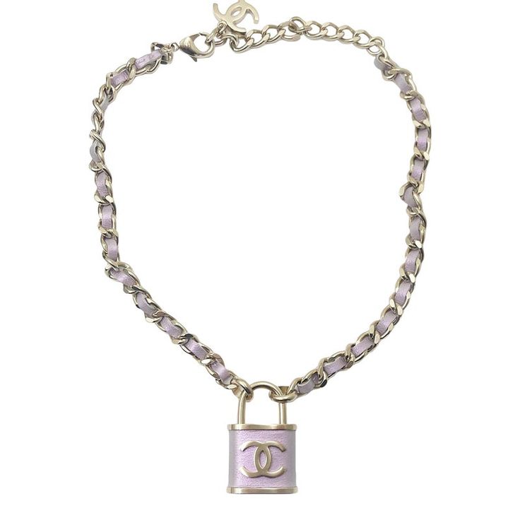 This is part of Chairish’s Costume Jewelry assortment.  Chanel Light Gold CC Lavender Lock Pendant Necklace   *Marked 18 *Made in Italy *Comes with the original box and pouch  -The  length is about 17". -The pendant is approximately 1.5" x 1" -In an excellent condition. There is a light scratch next to the cc. Luxury Pink Jewelry With Chain, Designer Chain Necklace For Gift, Designer Necklace With Adjustable Chain For Gift, Luxury Pink Chain Necklace, Luxury Purple Pendant Necklace, Luxury Pink Jewelry With Logo Charm, Luxury Adjustable Chain Jewelry Fashion Accessory, Luxury Jewelry With Adjustable Chain As Fashion Accessory, Pink Jewelry With Logo Charm For Gifts