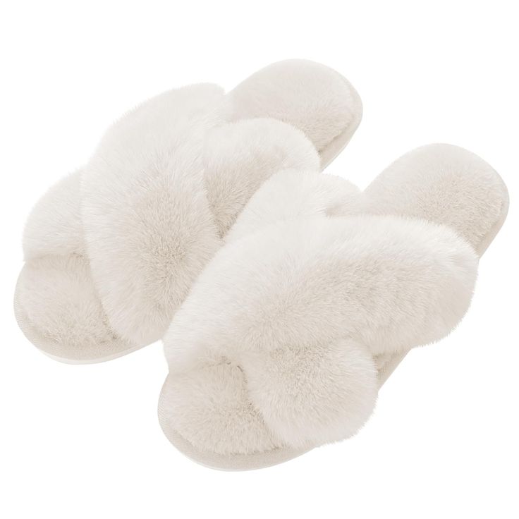 PRICES MAY VARY. 🎈 SUPER WARM & COMFORTABLE - Our fluffy slippers with soft faux fluffy fur wrap your feet for warmth and comfort. Premium fleece fabric makes you feel cozy and relaxing. A special gift for wife, mommy, daughter and friends who love soft slippers and warm feeling. 🎈 FASHION UPPER DESIGN - Made of soft plush fleece, the cross band shape looks chic and gorgeous. Breathable open toe design keeps your feet cool without sweating. The women slippers featured elegant design and high q Pregnancy Care Package, Beige Slippers, White Slippers, Toe Slippers, Fluffy Slippers, Open Toe Slippers, Cozy Winter Outfits, Fur Wrap, Soft Slippers