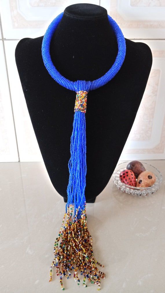 African Beaded Royal Blue Necklace, African Jewelry, Women Jewelry, Gift for her, Tribal necklace, M Blue Lariat Necklace For Gift, Adjustable Blue Lariat Necklace As Gift, Blue Adjustable Lariat Necklace For Gifts, Adjustable Blue Lariat Necklace Gift, Blue Multi-strand Jewelry With Dangling Beads, Handmade Blue Multi-strand Necklace, Blue Single Strand Long Beaded Necklace, Blue Long Single Strand Beaded Necklace, Blue Lariat Jewelry For Party