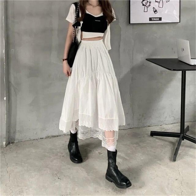 Y2k Long Skirt, Gothic Lace, White Long Skirt, High Waist Long Skirt, Skirt Y2k, Vintage Goth, Harajuku Outfits, Rock Outfit, Pleated Long Skirt