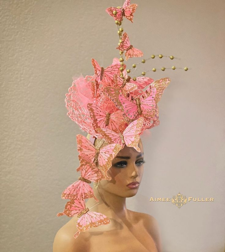 Kentucky Derby Fascinator, Butterfly Fascinator, Pink Gold Headpiece Del Mar Hat, Royal Ascot Hat, Easter Hat, Wedding, Hot Pink and Teal - Etsy Elegant Fitted Carnival Headpiece, Fitted High Crown Hat For Carnival, Whimsical Fitted Hat For Carnival, High Crown Headpieces For Wedding Carnival, Pink Mini Hats For Kentucky Derby Ceremony, Fitted High Crown Costume Hat For Carnival, Fitted Tall Crown Hat For Party, Pink Headpiece For Kentucky Derby Ceremony, Whimsical Fitted Fascinator For Spring