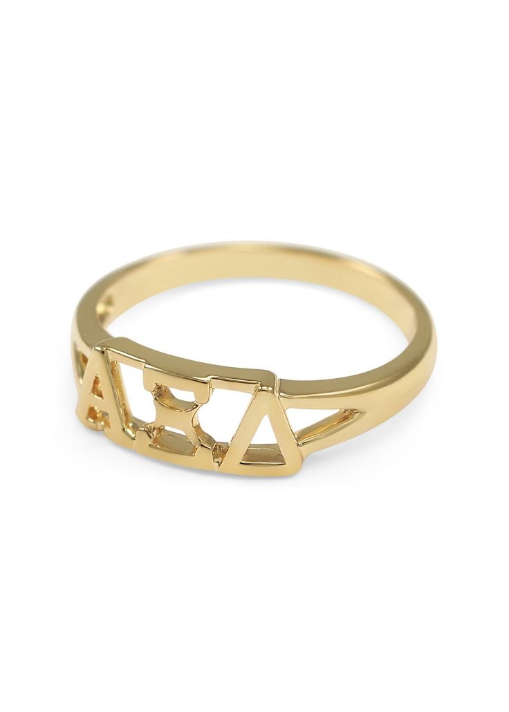 Ring - Alpha Xi Delta Sunshine Gold Ring Gold Brass Engraved Ring For Promise, Matte Gold Brass Rings As Gifts, Matte Gold Brass Rings For Gift, Gold Engraved Adjustable Ring, Adjustable Gold Engraved Ring, Symbolic Gold Open Midi Ring, Gold Initial Promise Ring Tarnish Resistant, Symbolic Gold Midi Rings With Open Shape, Symbolic Gold Midi Rings With Open Ring Design