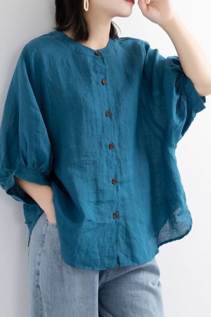 Women Lantern Sleeve Half O-Neck Retro Cotton Linen Shirts Half Sleeve Shirts Women, Literary Shirts, Linen Shirts Women, Loose Fit Shirts, Fitted Blouses, Linen Blouse, Loose Shirts, Hijab Style, Lantern Sleeve