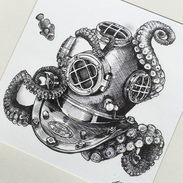 a drawing of an octopus in a diving helmet