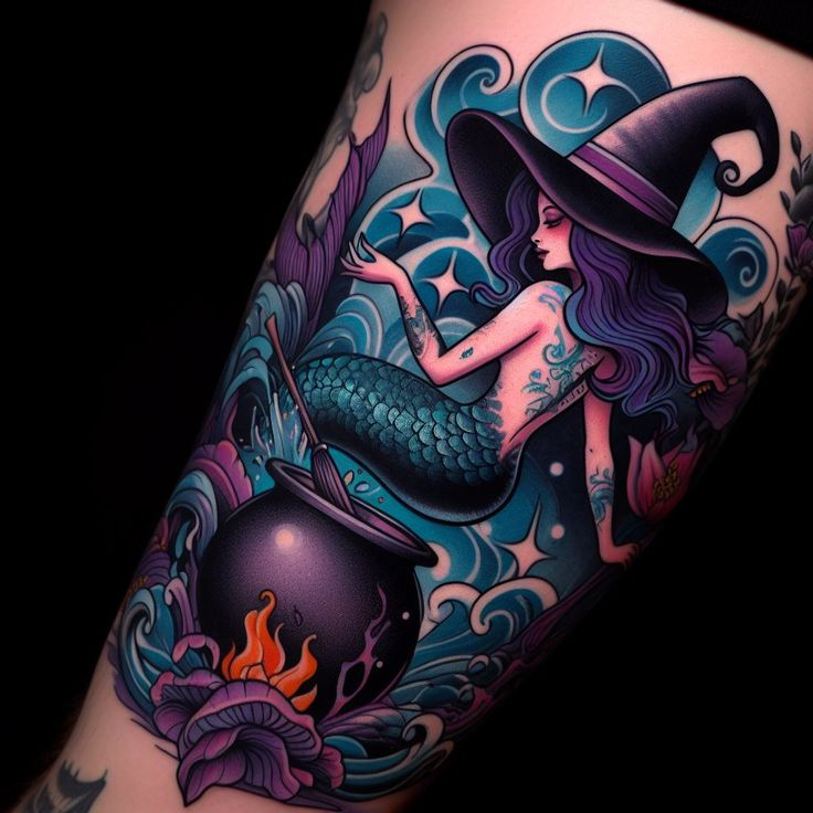 a woman wearing a witches hat and holding a caulder tattoo on her leg