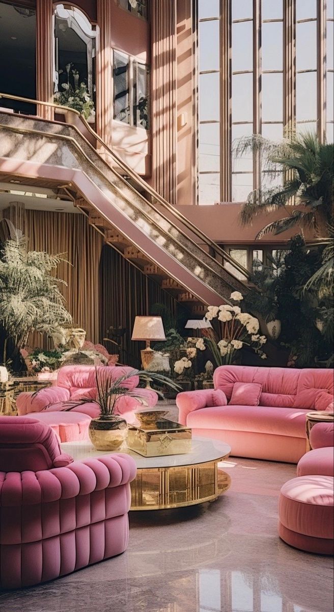 a living room filled with lots of pink couches and chairs next to an escalator