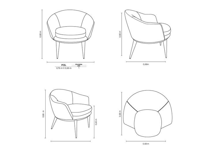 four different chairs with measurements for each chair and the other one is shown in black ink