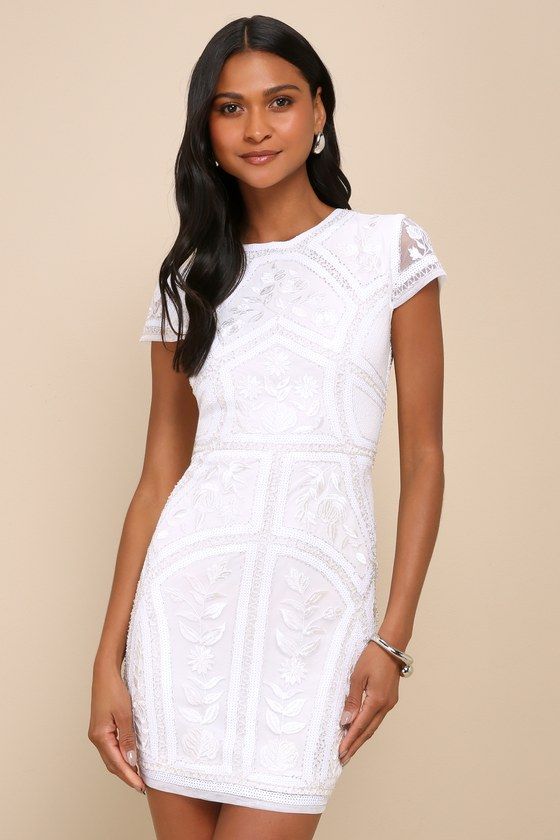 White Fitted Lace Dress For Party, White Sequin Mini Dress For Wedding, White Sequined Lace Dress, White Lace Dress With Sequins, White Lace Dresses With Sequins, White Lace Sequin Dress, Fitted Lace Mini Dress With Sequins, White Embellished Short Sleeve Dresses, Fitted White Embellished Dresses