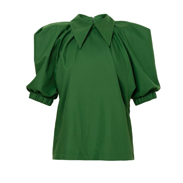 Designer Green Blouse | Julia Allert | Wolf & Badger Green Fitted Top With Gathered Sleeves, Chic Green Top With Gathered Sleeves, Chic Green Tops With Gathered Sleeves, Elegant Green Top With Gathered Sleeves, Fitted Blouse With Pleated Short Sleeves, Fitted Blouse With Draped Sleeves For Work, Office Puff Sleeve Top With Pleated Sleeves, Fitted Green Blouse With Gathered Sleeves, Workwear Blouse With Pleated Short Sleeves