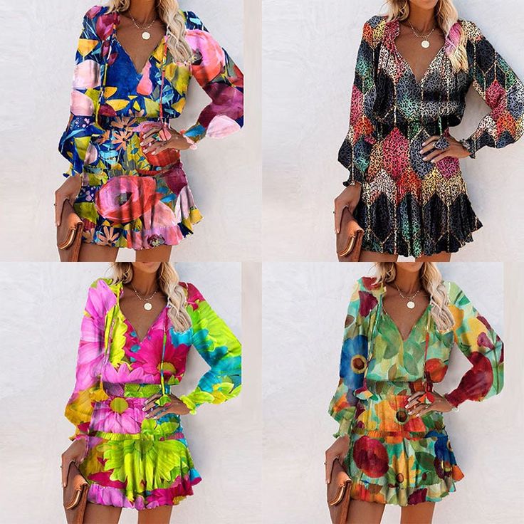 Color Printed Street Fashion V-neck Dress