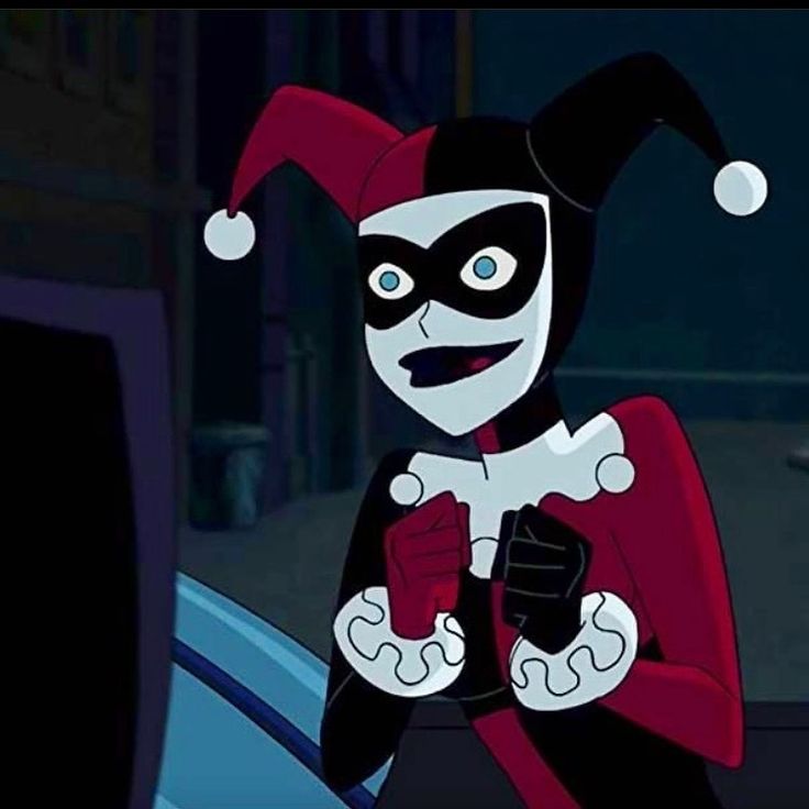 the animated character harley is dressed in black and red