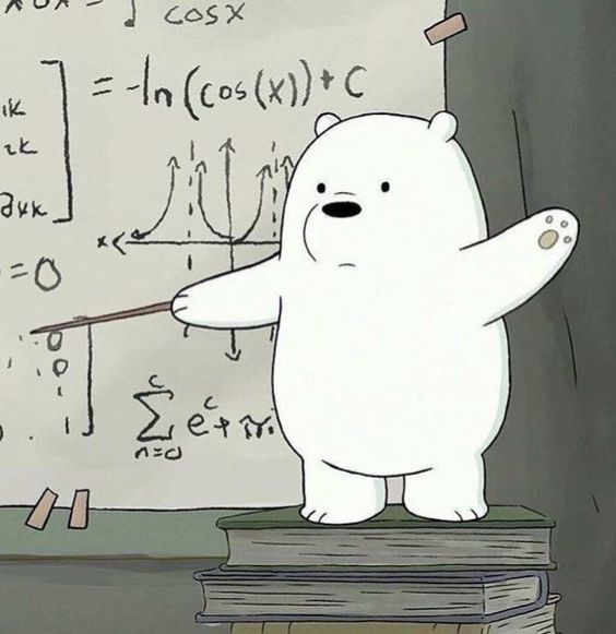 a polar bear standing on top of a pile of books in front of a whiteboard