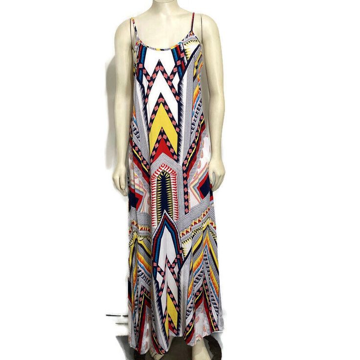 Sunny Girl M Multi-Color Boho Hippie Sleeveless Swing Long Dress Rayon Summer Sleeveless Color Block Maxi Dress, Sleeveless Color Block Maxi Dress For Summer, Sleeveless Color Block Summer Maxi Dress, Multicolor Summer Maxi Dress With Color Block, Multicolor Color Block Maxi Dress For Vacation, Summer Sleeveless Color Block Dress, White Color Block Maxi Dress, Casual Multicolor Sleeveless Dress, Multicolor Color Block Sleeveless Summer Dress