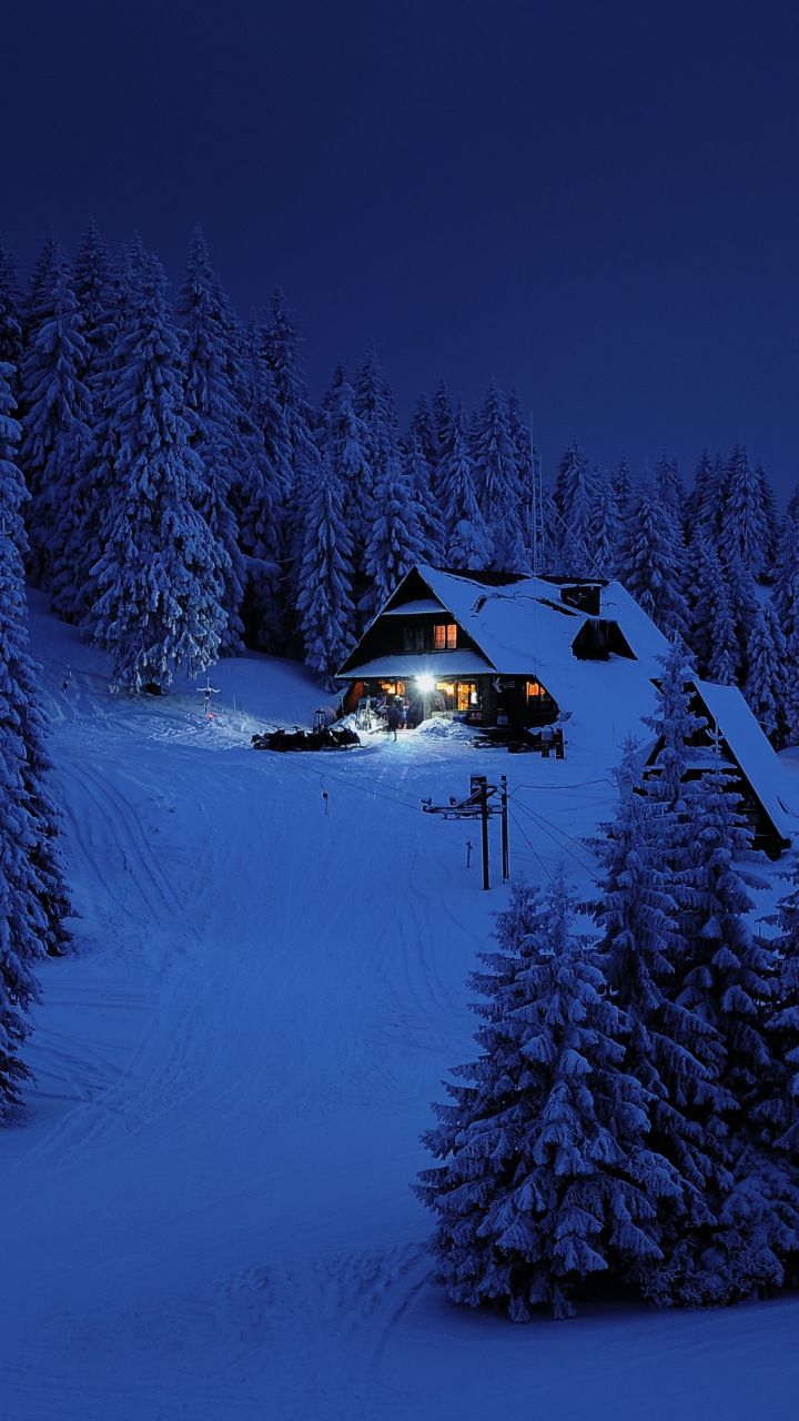 a cabin is lit up at night in the snow with pine trees around it and lights on