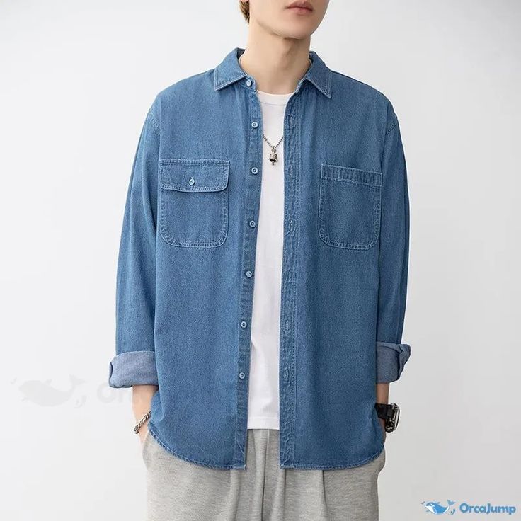 OrcaJump - Fashionable Casual Long-Sleeve Denim Shirt with Minimalist Loose Turn-Down Collar Jacket. Casual Denim Blue Shirt With Pockets, Casual Denim Button-up Shirt, Casual Button-up Denim Shirt, Casual Light Wash Collared Denim Jacket, Casual Denim Blue Relaxed Fit Denim Jacket, Casual Denim Collared Shirt, Casual Relaxed Fit Denim Blue Jacket, Casual Denim Button-up Top With Pockets, Casual Washed Long Sleeve Denim Jacket