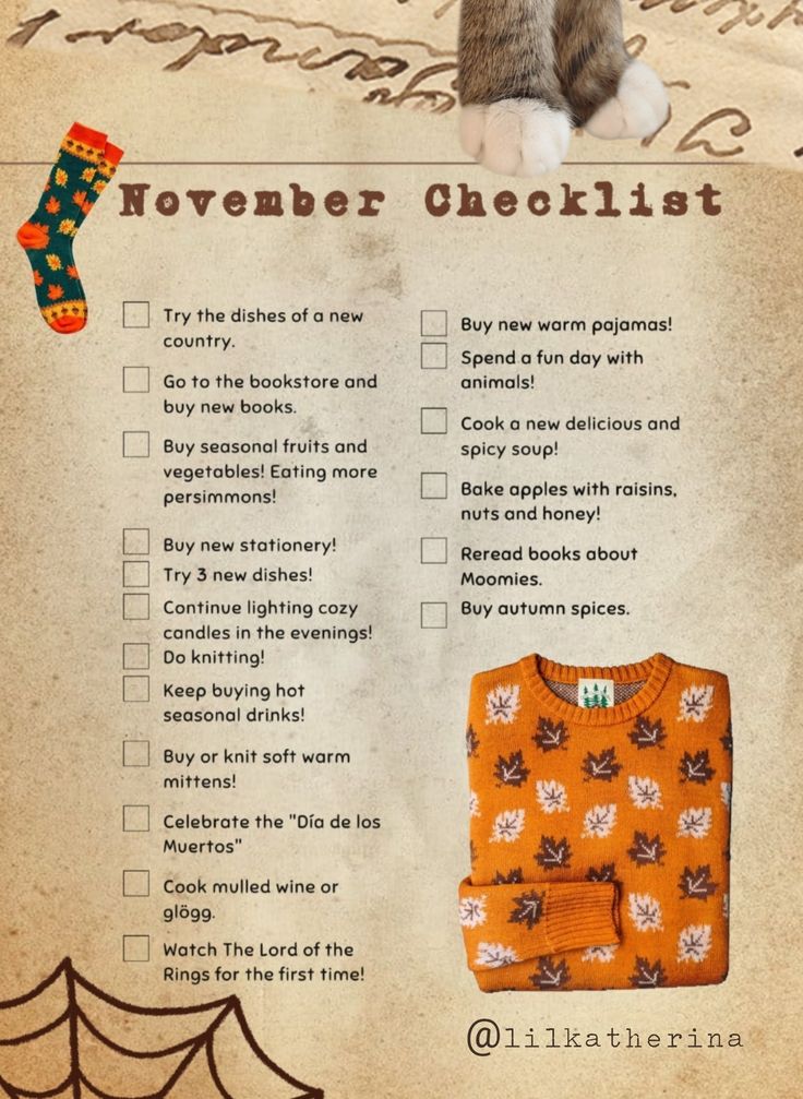 an old fashioned halloween checklist with a cat sitting next to it and a spider web