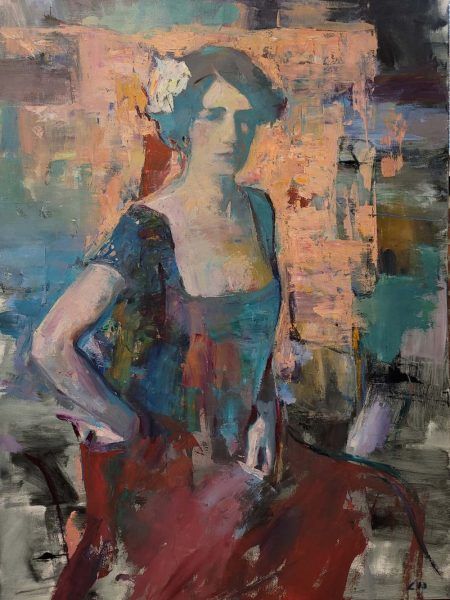 an oil painting of a woman in a blue dress