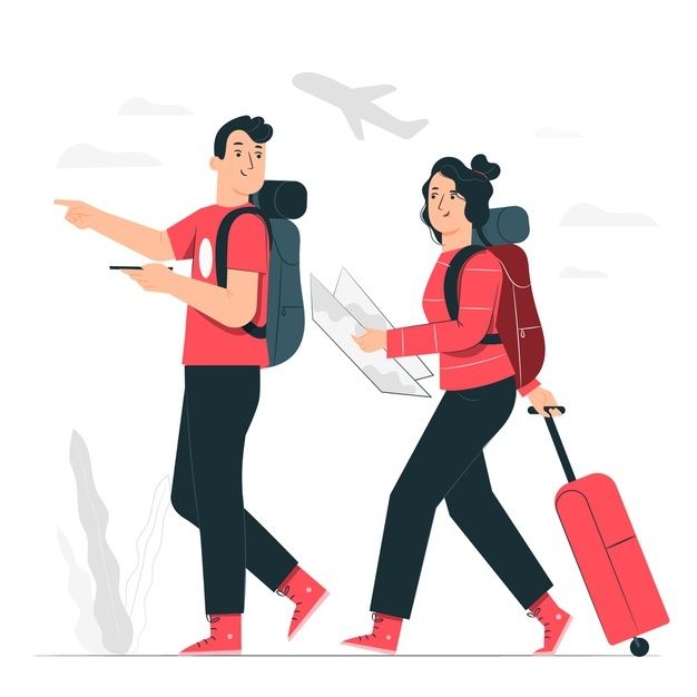 two people walking with luggage, one carrying a backpack and the other pointing at something