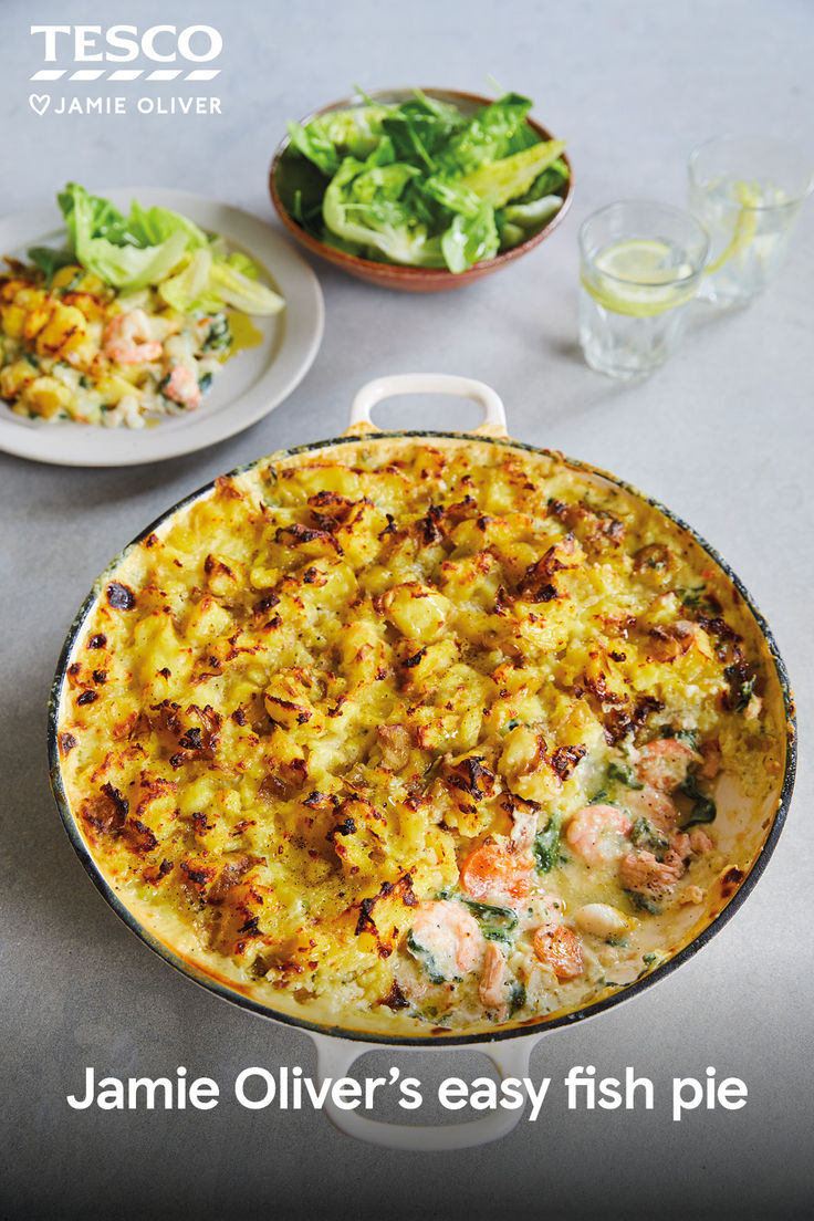 an advertisement for tesco's jamie oliver's easy fish pie with shrimp and lettuce