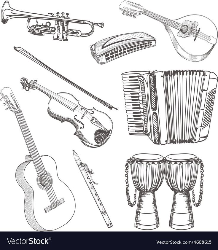 music instruments and musical instruments hand drawn