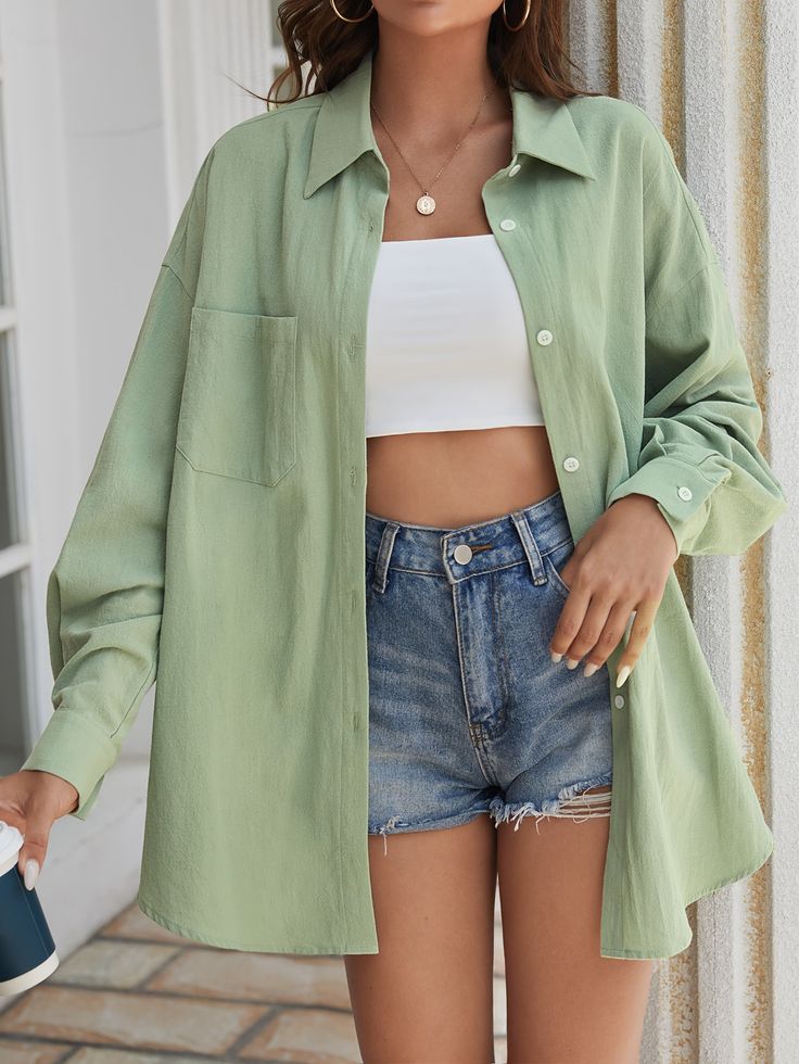 Green Shirt Outfits, Collar Details, Drop Shoulder Shirt, Mode Jeans, Ținută Casual, Elegantes Outfit, Outfits Verano, Green Shirt, Casual Style Outfits