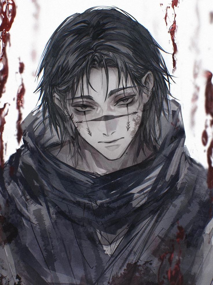 a drawing of a man with blood on his face and scarf around his neck, staring at the camera