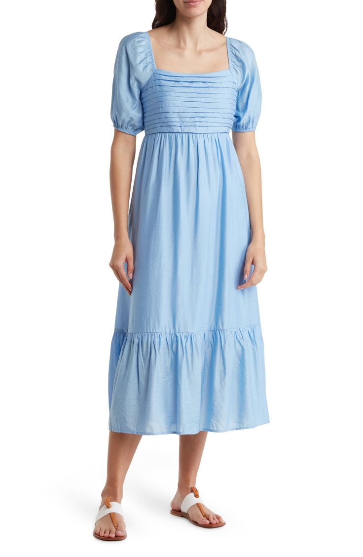 A pleated bodice and empire waist define this midi dress designed to be your next weekend favorite. 48" length (size Small) Square neck Short sleeves 100% polyester Hand wash, dry flat Imported Casual A-line Dress With Pleated Bodice, Casual A-line Midi Dress With Pleated Waist, Ruched Midi Dress For Daywear, Blue Empire Waist Ruched Maxi Dress, Casual Midi Dress With Gathered Neckline, Blue Ruched Empire Waist Maxi Dress, Blue Empire Waist Maxi Dress With Ruched Detail, Casual Ruched Empire Waist Midi Dress, Casual Maxi Dress With Ruched Empire Waist